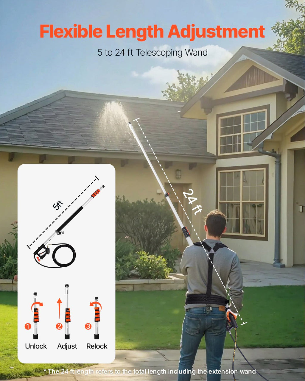 Pressure Washer Telescoping Wand, 24 ft, 4000 PSI