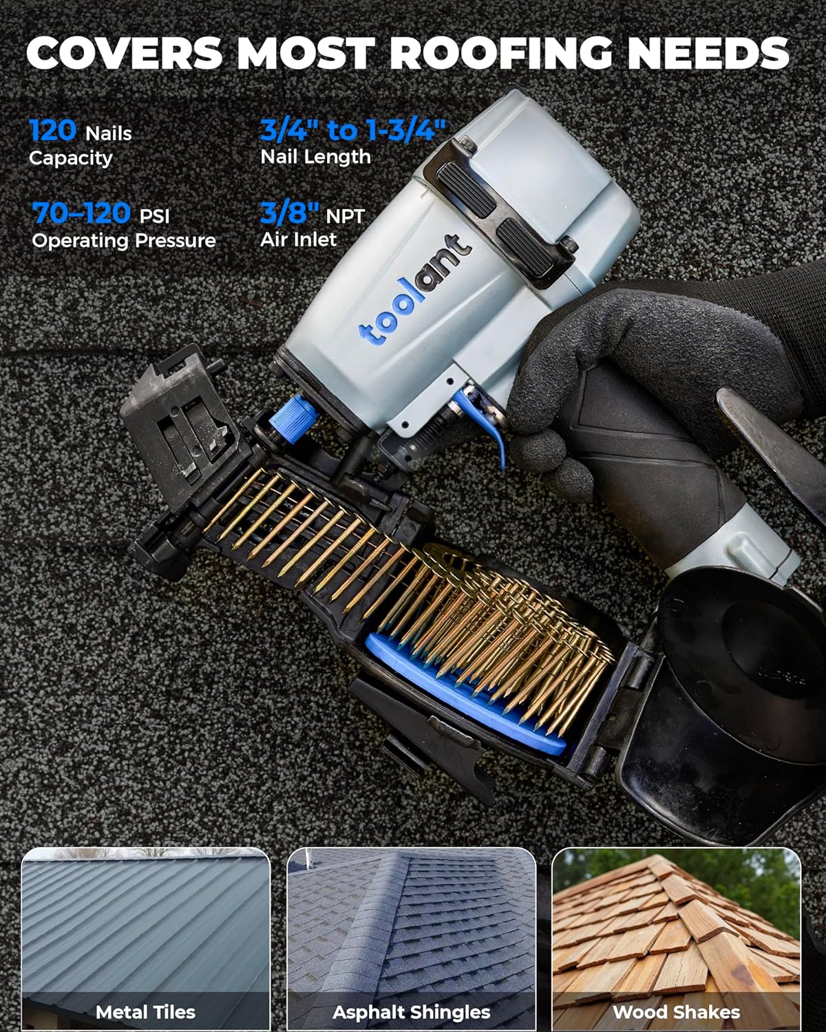 Roofing Nailer, Pneumatic Roofing Nail Gun for 3/4" to 1-3/4" Nails, 120 Coil Capacity, 70-120 PSI