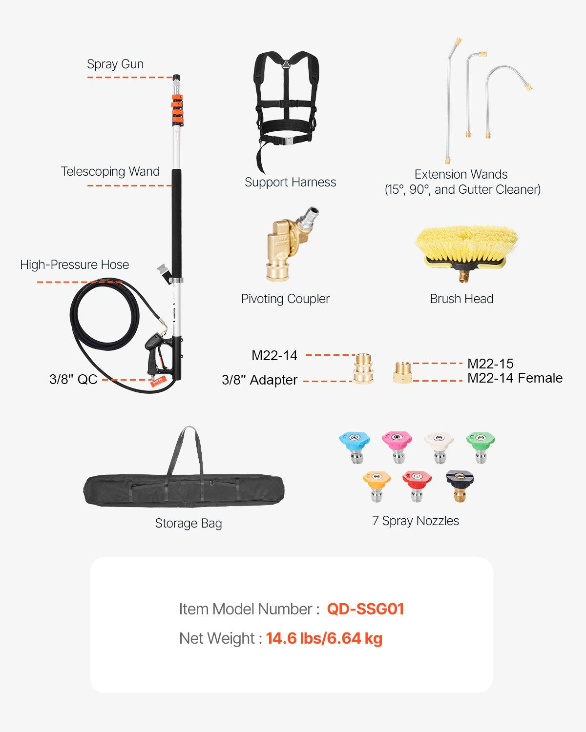 Pressure Washer Telescoping Wand, 24 ft, 4000 PSI